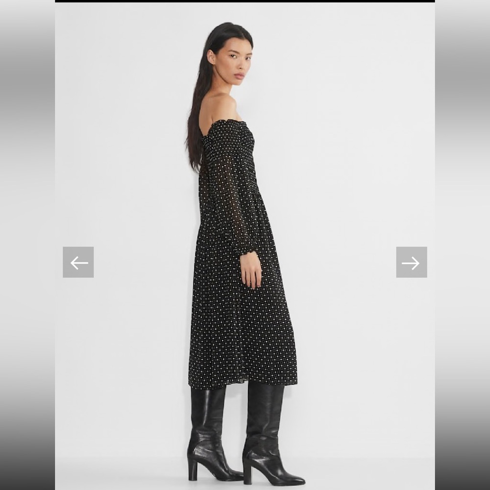 Aritzia Wilfred Margaret Chiffon Smocked Polka Dot Midi Dress Size L Black White